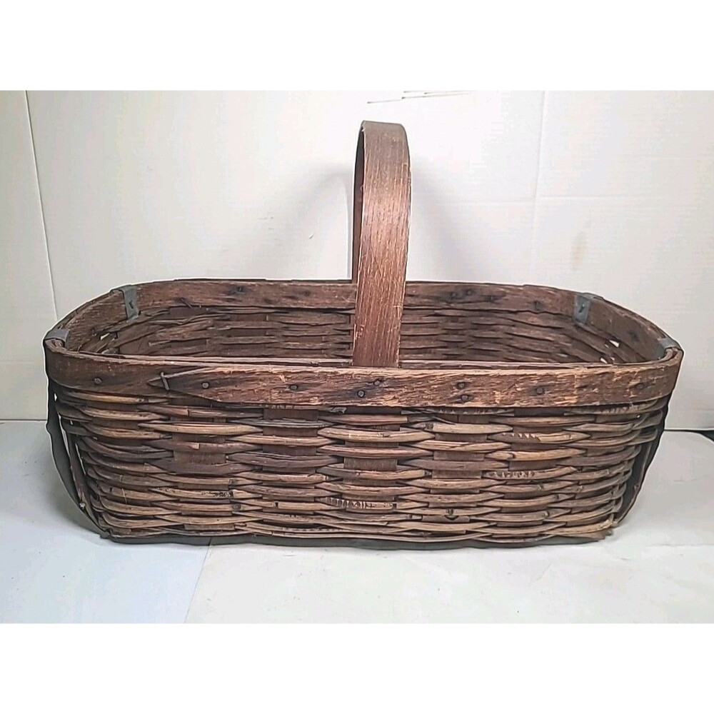 Antique American Huge Woven Handmade Gathering Basket 23x13x8 W/handle!